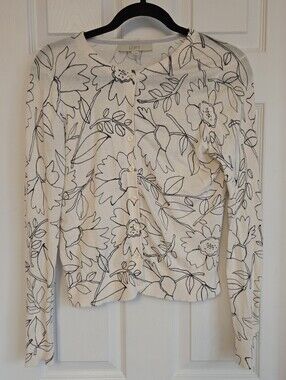 Loft Soft White Floral 100% Cotton Cardigan In Size XS